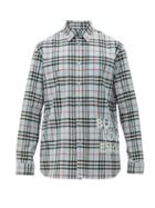 Matchesfashion.com Burberry - Logo Print Checked Cotton Poplin Shirt - Mens - Light Blue