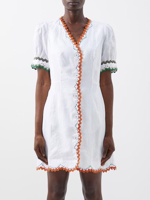 Saloni - Marlee Scallop-edge Embroidered Linen Dress - Womens - White Multi