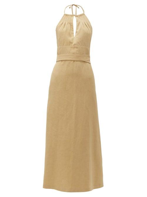 Matchesfashion.com Raey - Split Front Halterneck Slubby Silk Blend Dress - Womens - Tan