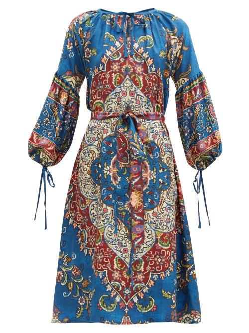 Matchesfashion.com D'ascoli - Taraz Belted Floral-print Silk Dress - Womens - Blue Multi