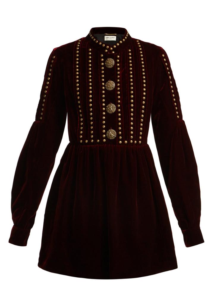 Saint Laurent Studded And Pleated Velvet Mini Dress