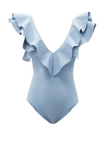 Maygel Coronel - Santa V-neck Ruffled Swimsuit - Womens - Light Blue