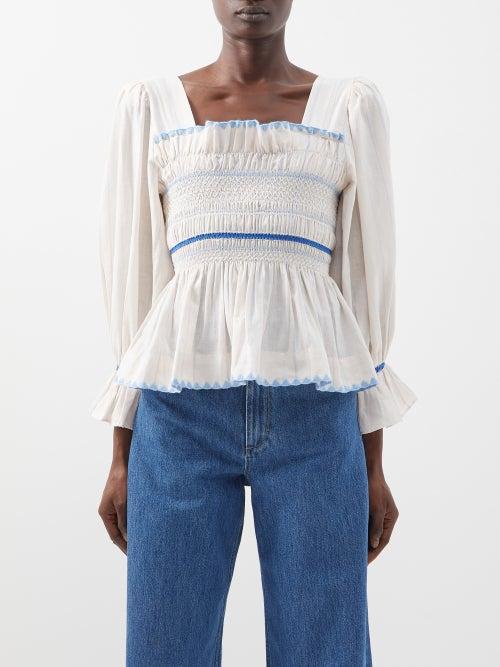 Lug Von Siga - Elisa Smocked Cotton-blend Voile Top - Womens - White Blue