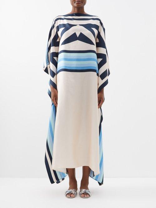 Louisa Parris - Long Scarf Silk Crepe De Chine Maxi Dress - Womens - Blue Multi