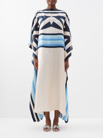Louisa Parris - Long Scarf Silk Crepe De Chine Maxi Dress - Womens - Blue Multi