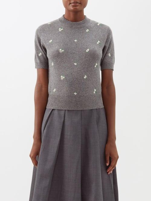 Shushu/tong - Floral-embroidered Cashmere Top - Womens - Grey