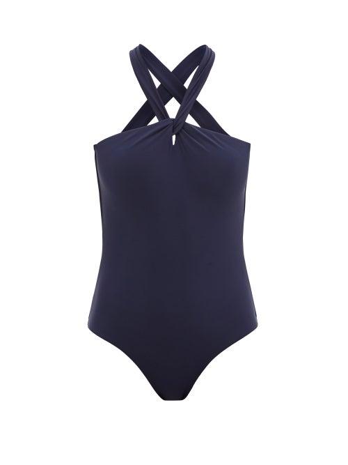 Ladies Beachwear Casa Raki - Eleonora Halterneck Recycled-fibre Swimsuit - Womens - Navy