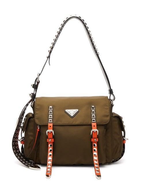 Matchesfashion.com Prada - New Vela Studded Nylon Shoulder Bag - Womens - Khaki Multi