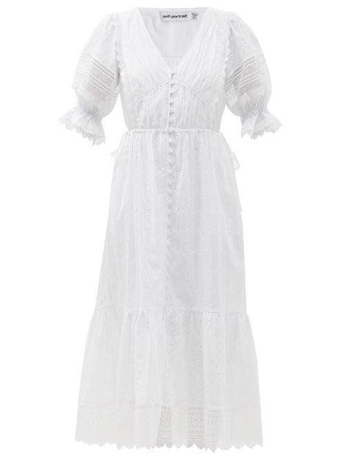 Ladies Rtw Self-portrait - Puff-sleeve Broderie-anglaise Cotton-poplin Dress - Womens - White
