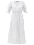 Ladies Rtw Self-portrait - Puff-sleeve Broderie-anglaise Cotton-poplin Dress - Womens - White