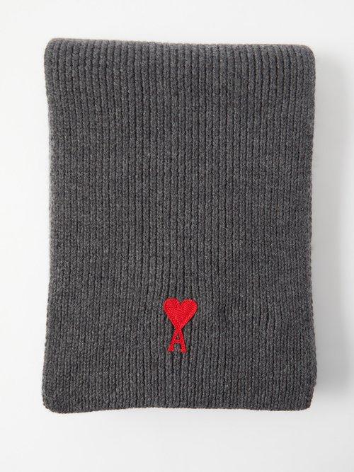 Ami - Ami De Caur-logo Wool Scarf - Mens - Dark Grey