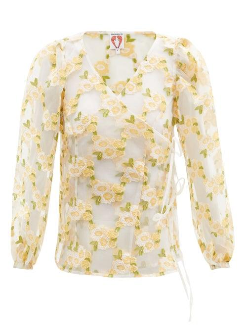 Matchesfashion.com Shrimps - Cordelia Floral Fil-coup Organza Wrap Top - Womens - Yellow Multi