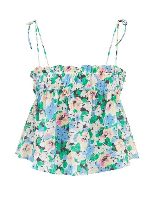 Ganni - Tie-shoulder Floral-print Poplin Camisole Top - Womens - Blue Print