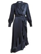 Matchesfashion.com Zimmermann - Asymmetric Hem Silk Satin Wrap Dress - Womens - Navy