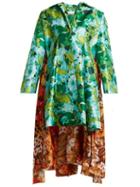 Matchesfashion.com Richard Quinn - Floral Print Asymmetric Hem Duchess Satin Dress - Womens - Green Multi