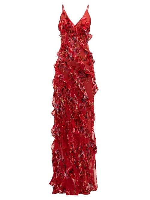 Matchesfashion.com Rat & Boa - Maribou Ruffled Silk Maxi Dress - Womens - Red