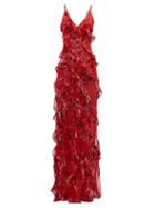 Matchesfashion.com Rat & Boa - Maribou Ruffled Silk Maxi Dress - Womens - Red