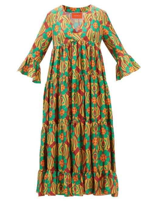 La Doublej - Jenifer Jane Printed Silk-twill Maxi Dress - Womens - Green Multi