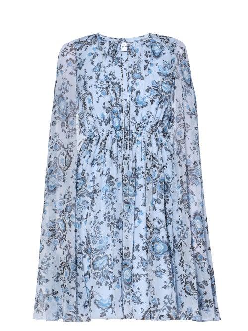 Matchesfashion.com Erdem - Austin Cape-sleeves Floral-print Voile Dress - Womens - Blue Multi