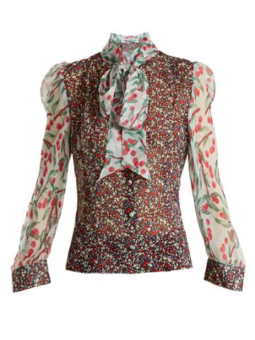 Edeltrud Hofmann Pussybow Contrast-panel Floral-print Silk Blouse