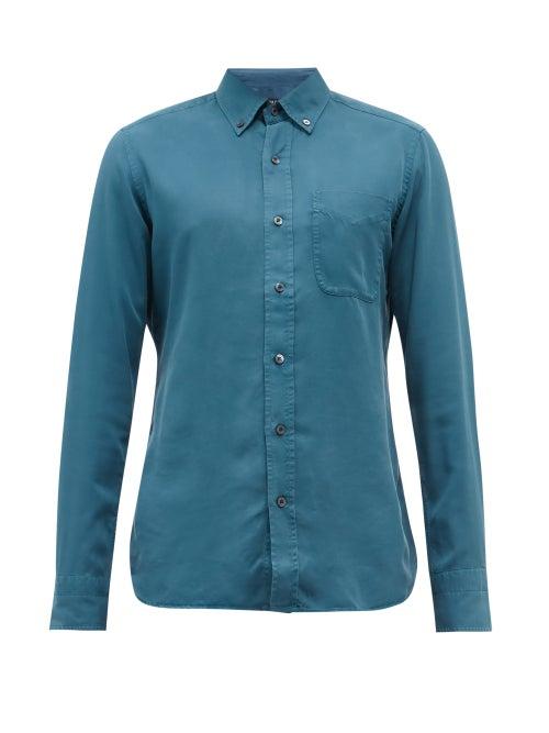 Mens Rtw Tom Ford - Garment-dyed Twill Button-down Shirt - Mens - Blue