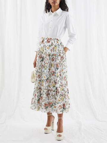 Erdem - Vacation Olympia Floral-print Voile Midi Skirt - Womens - White Multi