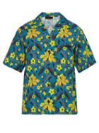Matchesfashion.com Prada - Stripe And Floral Print Short Sleeved Satin Shirt - Mens - Blue Multi