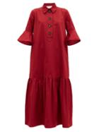 Matchesfashion.com La Doublej - Artemis Fluted-sleeve Maxi Shirt Dress - Womens - Burgundy