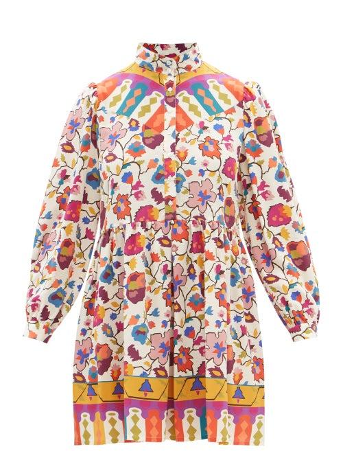 La Doublej - Shorty Maple-print Silk Dress - Womens - White Print