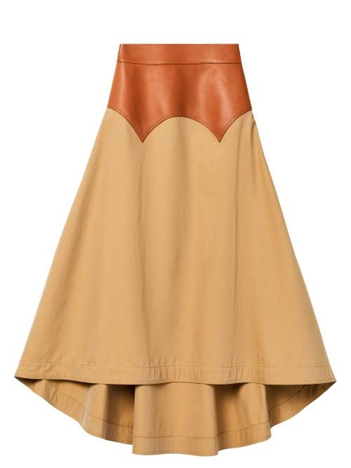 Matchesfashion.com Loewe - Leather-yoke Dipped-hem Gabardine Skirt - Womens - Beige