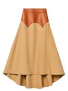 Matchesfashion.com Loewe - Leather-yoke Dipped-hem Gabardine Skirt - Womens - Beige