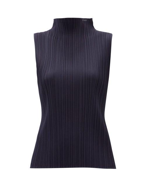 Matchesfashion.com Pleats Please Issey Miyake - High-neck Sleeveless Technical-pleated Top - Womens - Navy