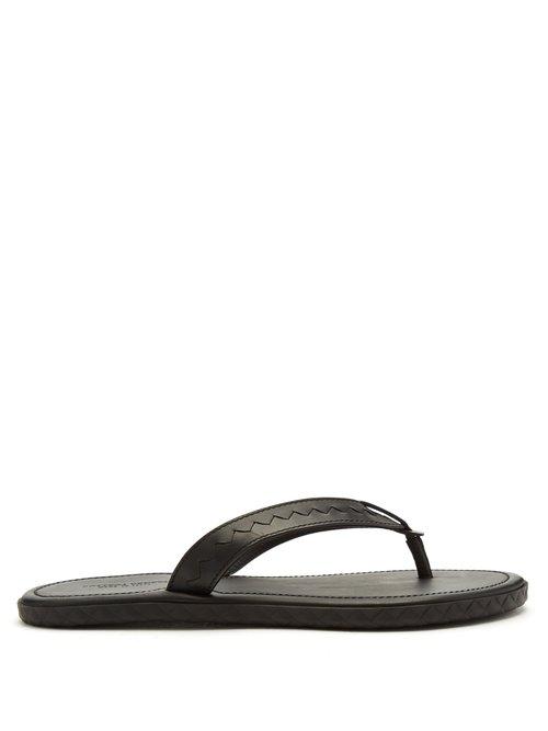 Matchesfashion.com Bottega Veneta - Intrecciato Leather Flip Flops - Mens - Black