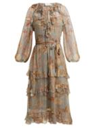 Matchesfashion.com Zimmermann - Unbridled Cascade Floral Print Silk Dress - Womens - Grey Print