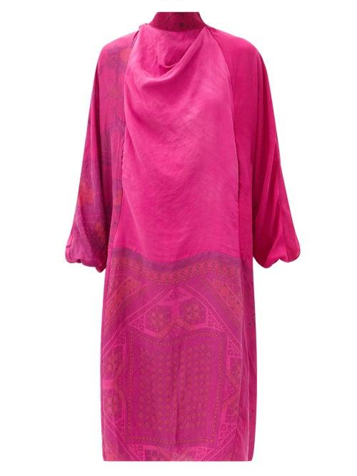 Matchesfashion.com Marine Serre - Printed Tie-neck Silk-satin Midi Dress - Womens - Fuchsia