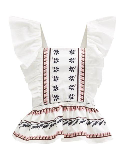 Lug Von Siga - Jade Peplum-hem Floral-embroidered Cotton Top - Womens - White Multi