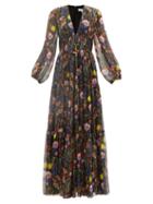 Borgo De Nor - Freya Floral-print Silk-blend Chiffon Maxi Dress - Womens - Black Multi