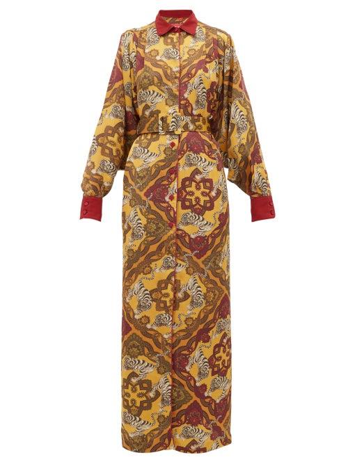 Matchesfashion.com F.r.s - For Restless Sleepers - Febo Tiger Print Belted Satin Cloqu Shirtdress - Womens - Yellow Multi