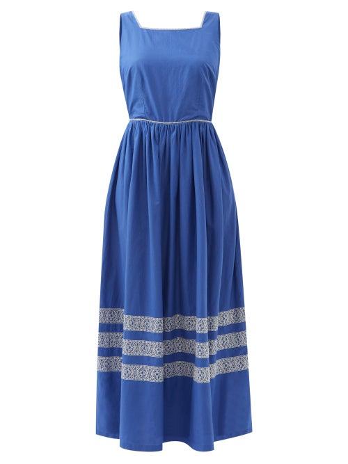 Emporio Sirenuse - Julia Square-neck Embroidered Cotton Dress - Womens - Blue White