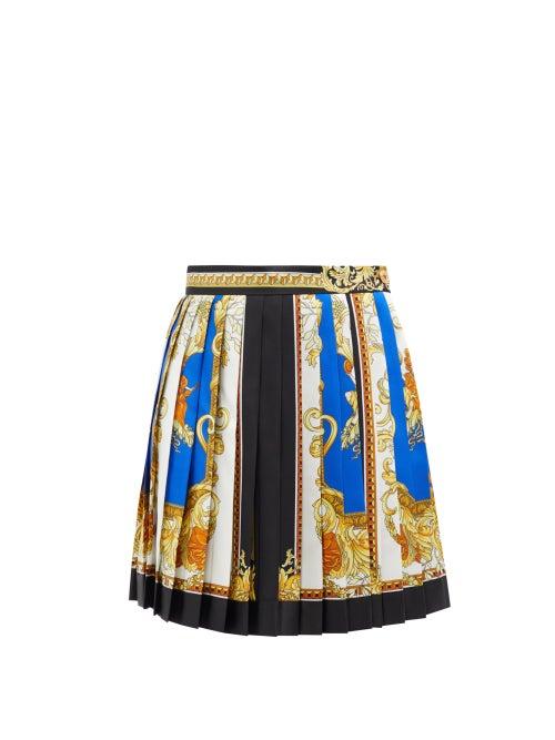 Ladies Rtw Versace - Baroque-print Pleated Silk-twill Mini Skirt - Womens - Blue Multi