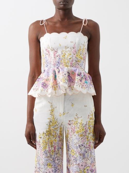 Zimmermann - Jude Floral-print Linen-voile Peplum Top - Womens - Pink Multi