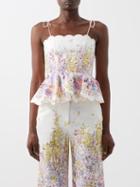 Zimmermann - Jude Floral-print Linen-voile Peplum Top - Womens - Pink Multi