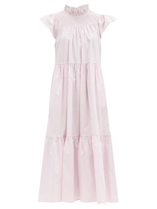 Matchesfashion.com Sea - Marlene Shirred-yoke Cotton-blend Poplin Dress - Womens - Light Pink