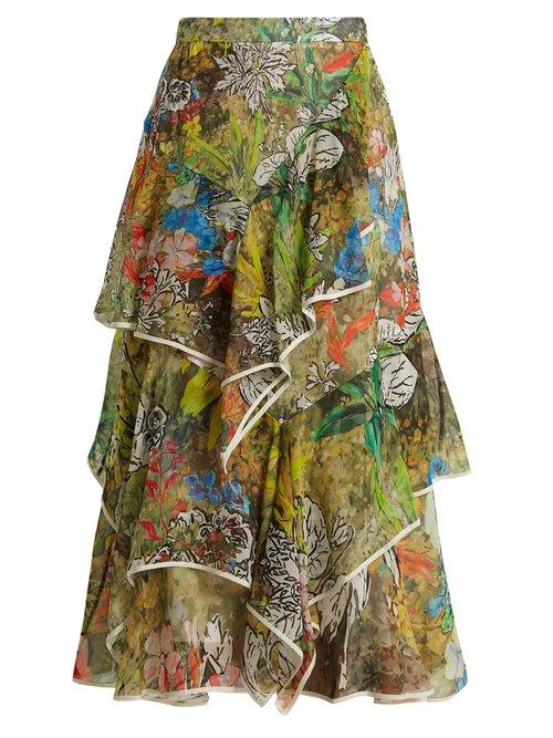Matchesfashion.com Peter Pilotto - Asymmetric Floral Print Silk Georgette Skirt - Womens - Green Print