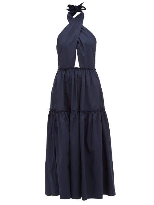 Matchesfashion.com On The Island By Marios Schwab - Rainha Crossover Halterneck Cotton-poplin Dress - Womens - Navy