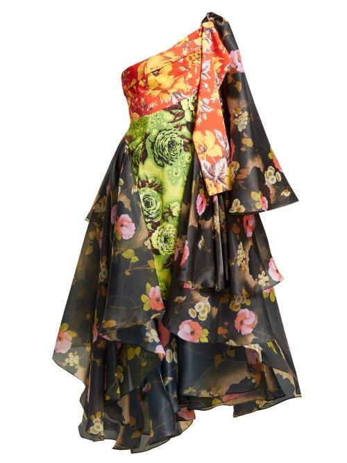 Matchesfashion.com Richard Quinn - One Shoulder Floral Print Organza And Canvas Dress - Womens - Multi