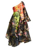 Matchesfashion.com Richard Quinn - One Shoulder Floral Print Organza And Canvas Dress - Womens - Multi