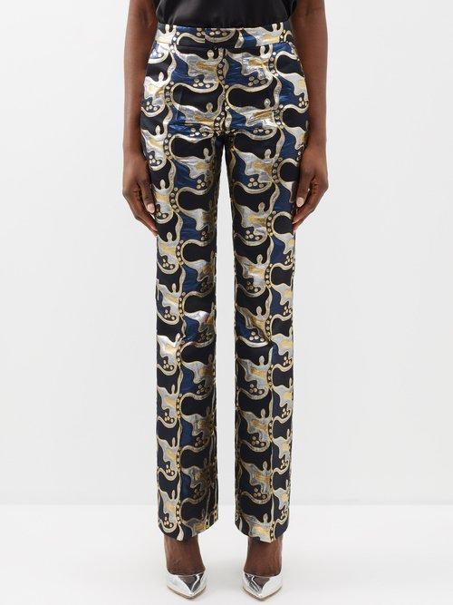 La Doublej - Saturday Night Metallic-jacquard Flared Trousers - Womens - Black Multi