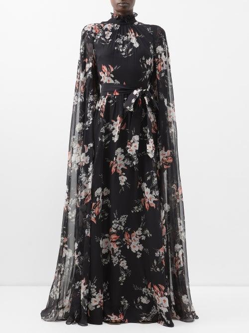 Erdem - Macie Silk-georgette Cape Gown - Womens - Black Multi