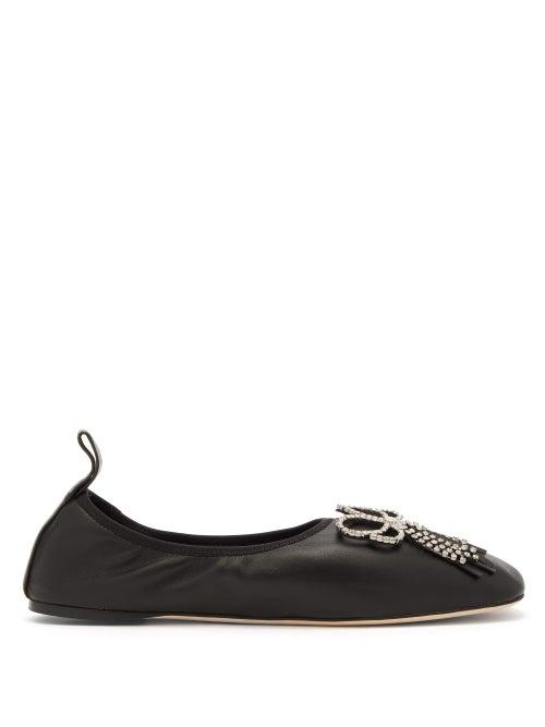 Matchesfashion.com Loewe - Square Toe Crystal Bow Leather Flats - Womens - Black